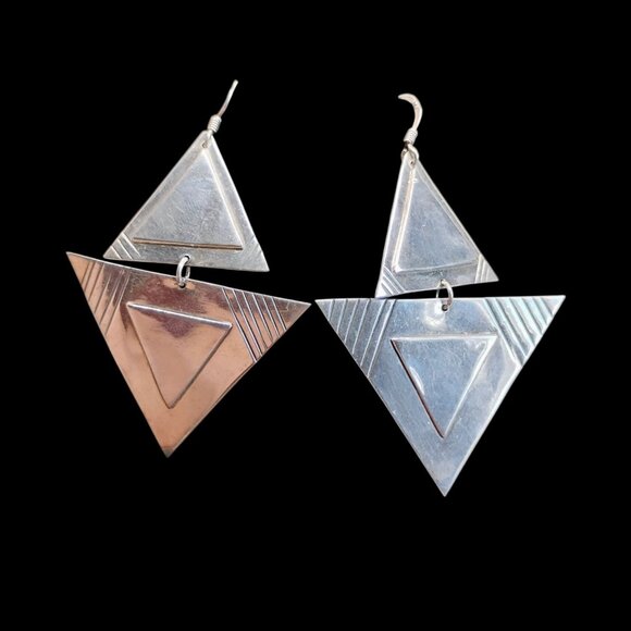 Modernist Geometric Sterling Silver Connected Dangle Triangle Earrings 3D 18.1g - Picture 1 of 7